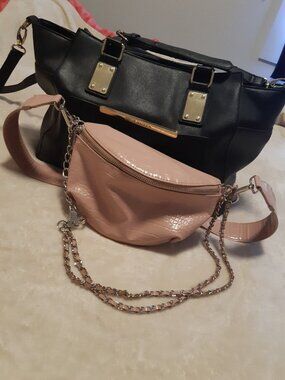 Steve Madden Bag Lot Black Tote Bag & Pink Croc Belt Bag / Cross Body Bundle